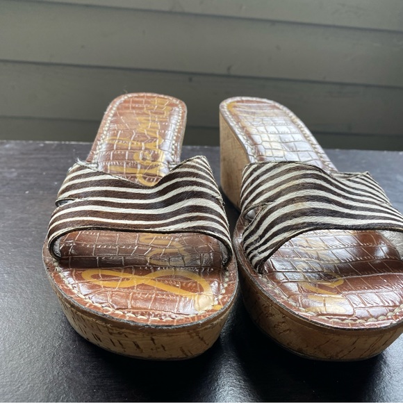 SAM EDELMAN Reid White Brown leather Cork Wedge Platform Mules Slides Sandals - Picture 8 of 13